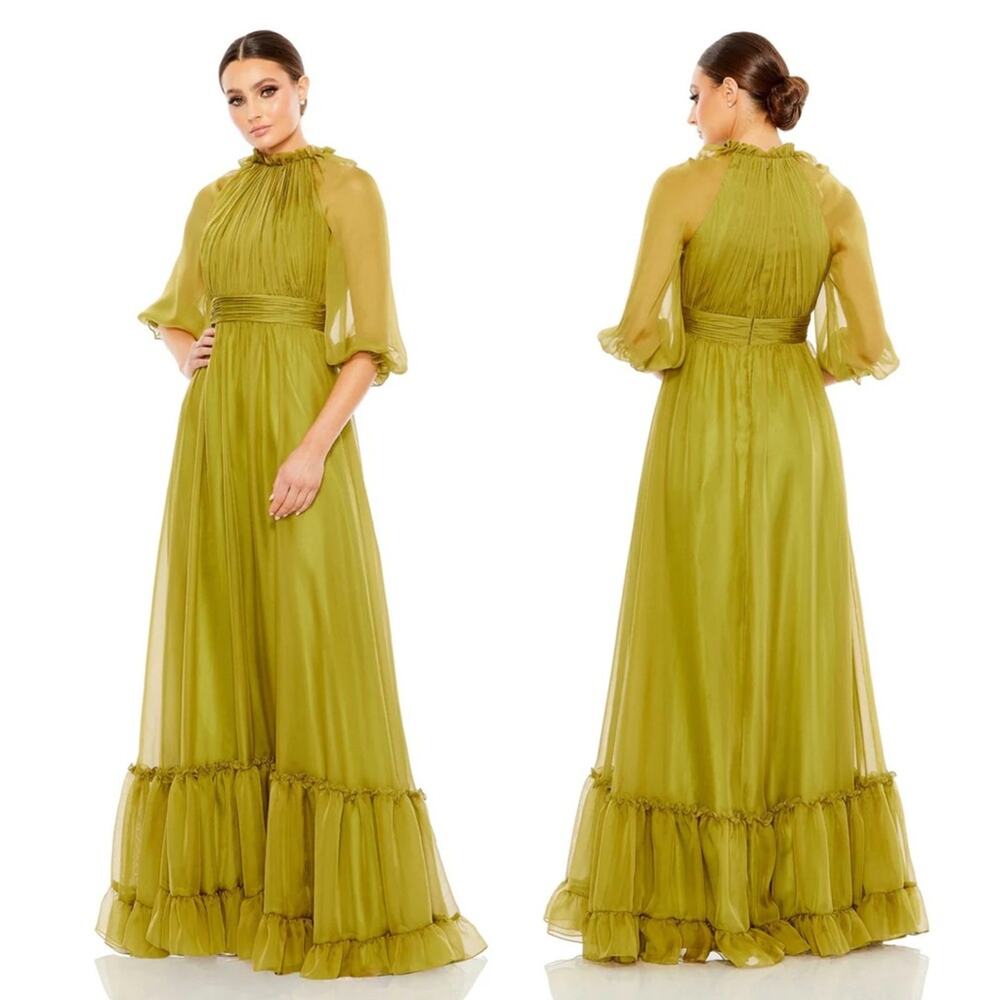 Mac Duggal Olive Green Chiffon Maxi Gown
